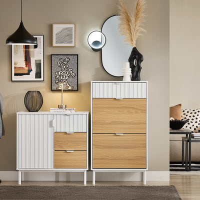 SoBuy FSR174-WN Armoire à Chaussures 2 Abattants et 1 Tiroir, Rangement pour Entrée Couloir – 60x35x110 cm, Blanc et Naturel