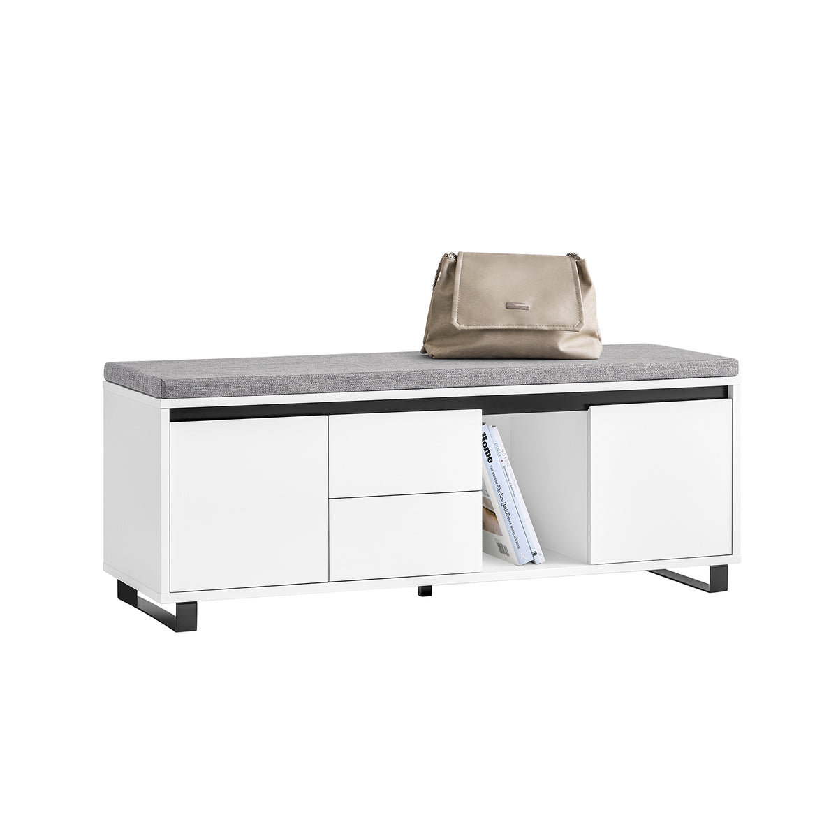 SoBuy FSR176-W Banc de Rangement, Banc à Chaussures, avec 1 Coussin Rembourré, 2 Tiroirs et 2 Portes pour Entrée