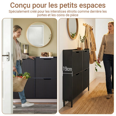 SoBuy FSR177-L-SCH Dulap de Pantofi cu 4 Uși Rabatabile Ultra-Subțire 19cm, Depozitare 8-12 Perechi pentru Intrare – 100x19x91 cm, Negru