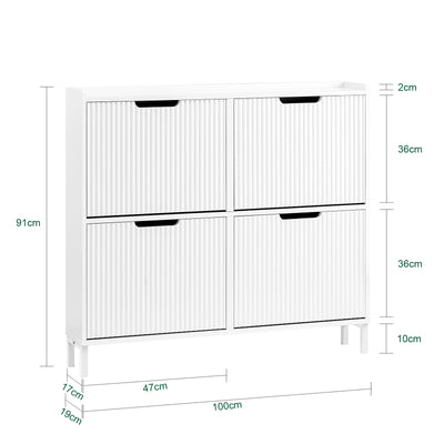 SoBuy FSR177-L-W Dulap de pantofi cu 4 uși rabatabile, ultra-subțire 19cm, Depozitare 8-12 perechi pentru hol – 100x19x91 cm, Alb