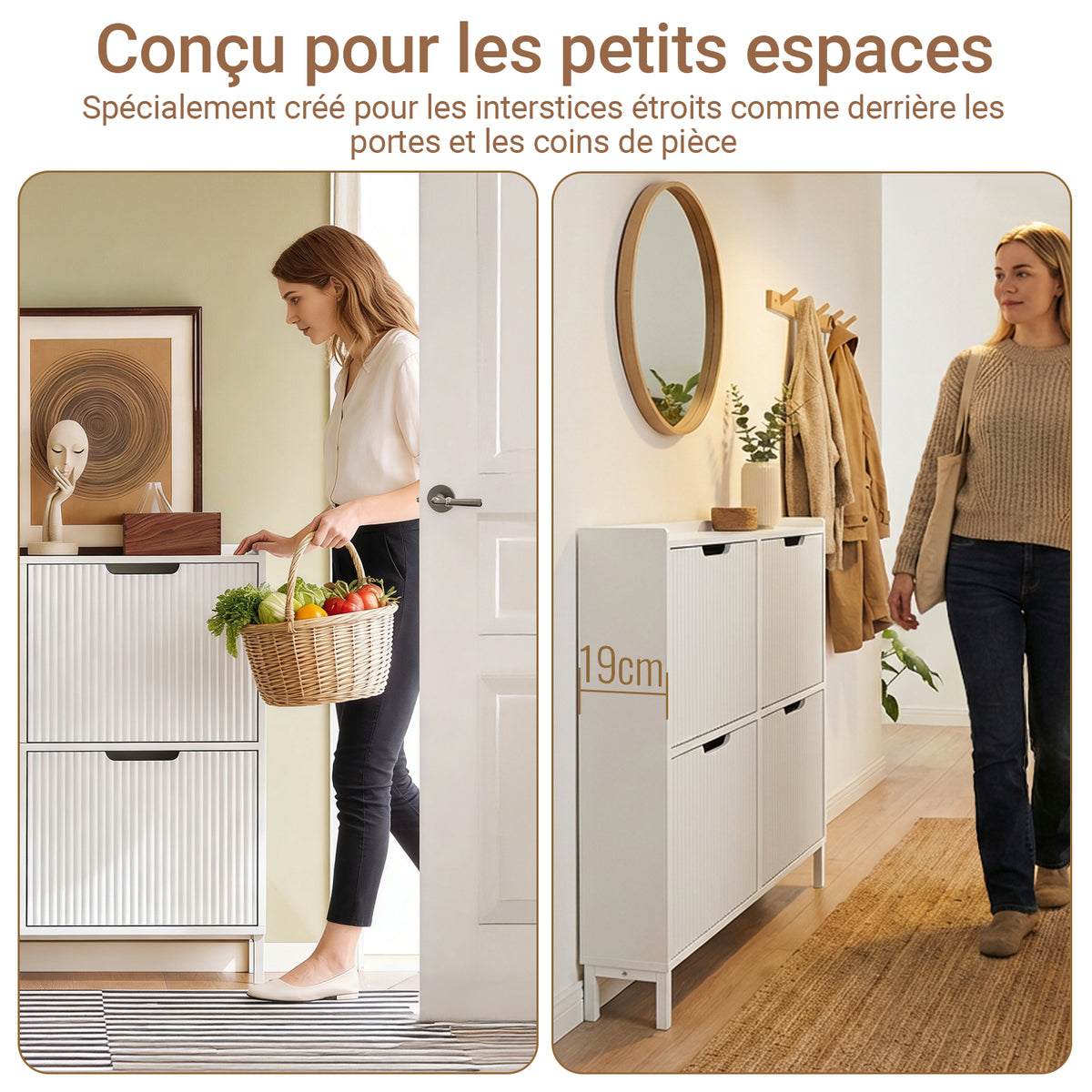SoBuy FSR177-L-W Dulap de pantofi cu 4 uși rabatabile, ultra-subțire 19cm, Depozitare 8-12 perechi pentru hol – 100x19x91 cm, Alb