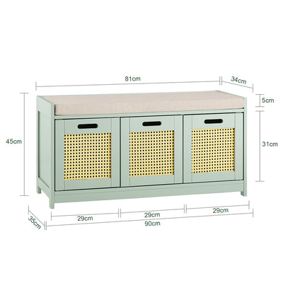SoBuy FSR182-GR Banc à Chaussures Entrée – Rangement Chaussures avec Coussin Confortable, 2 Portes et Tiroir, Banc d’Entrée pour Salon Couloir – Vert, 90x35x45 cm