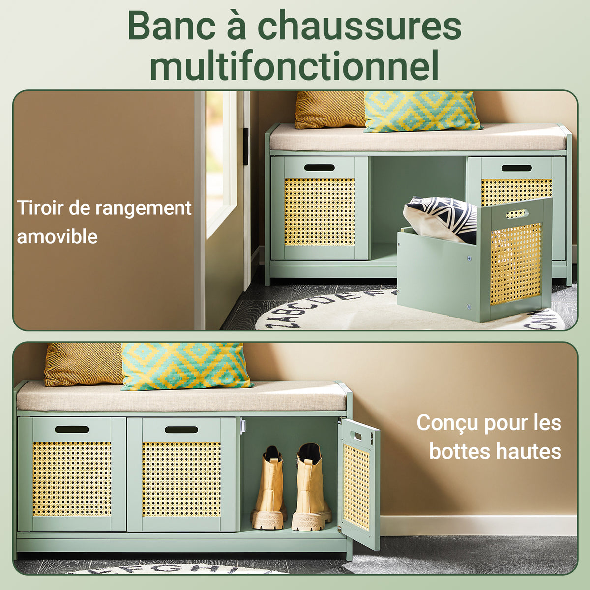 SoBuy FSR182-GR Banc à Chaussures Entrée – Rangement Chaussures avec Coussin Confortable, 2 Portes et Tiroir, Banc d’Entrée pour Salon Couloir – Vert, 90x35x45 cm