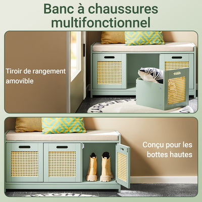 SoBuy FSR182-GR Banc à Chaussures Entrée – Rangement Chaussures avec Coussin Confortable, 2 Portes et Tiroir, Banc d’Entrée pour Salon Couloir – Vert, 90x35x45 cm