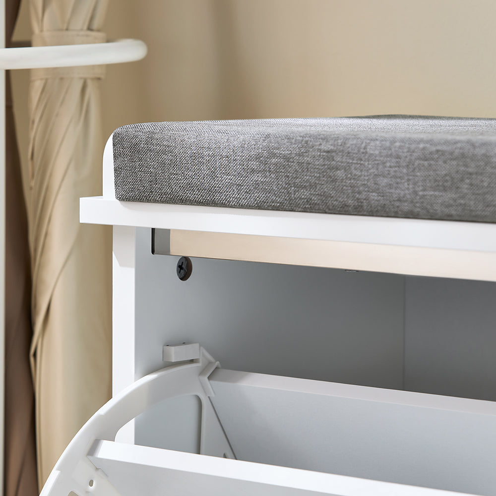 SoBuy FSR184-W Banc pentru Pantofi, Organizator de Pantofi, Dulap Pantofi, Mobilier de Intrare, Bancă cu 2 Sertare Rabatabile și 1 Pernă, pentru Intrare, Hol, Dormitor și Living, Alb, L110xD29xH49 cm