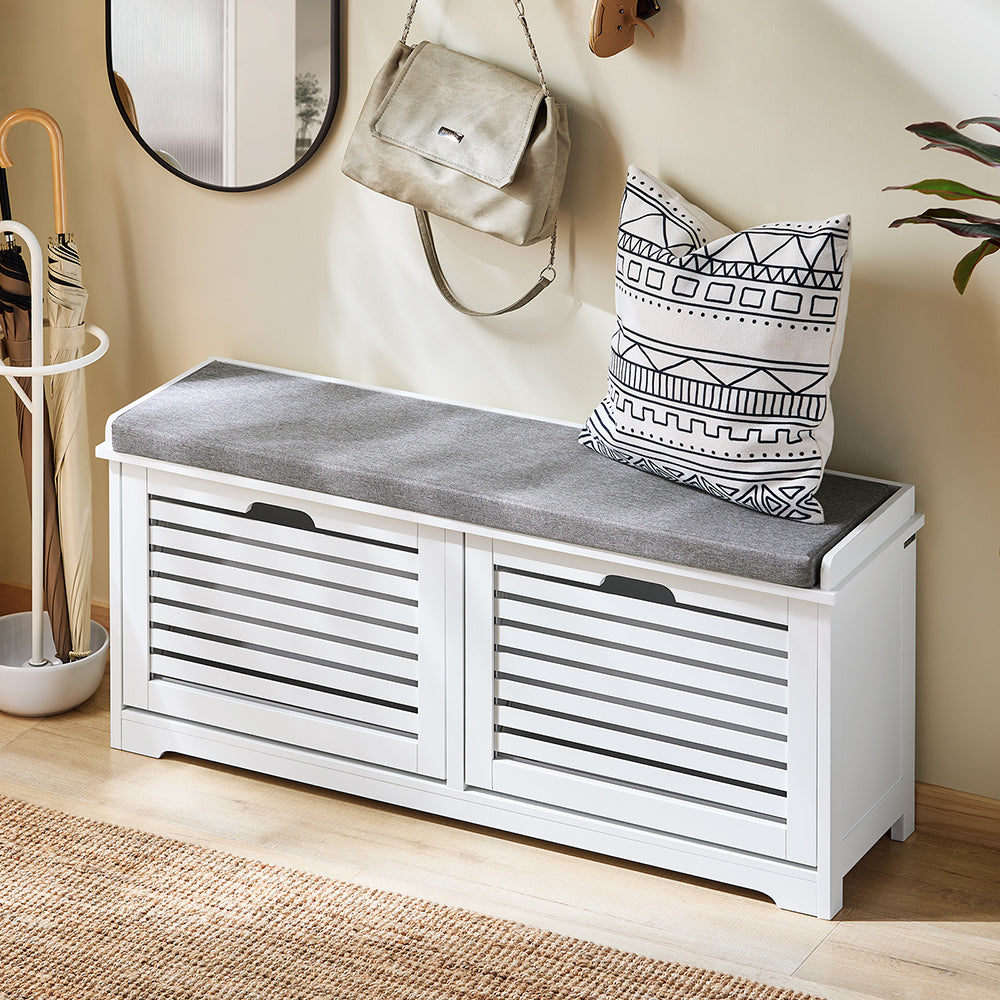 SoBuy FSR184-W Banc pentru Pantofi, Organizator de Pantofi, Dulap Pantofi, Mobilier de Intrare, Bancă cu 2 Sertare Rabatabile și 1 Pernă, pentru Intrare, Hol, Dormitor și Living, Alb, L110xD29xH49 cm
