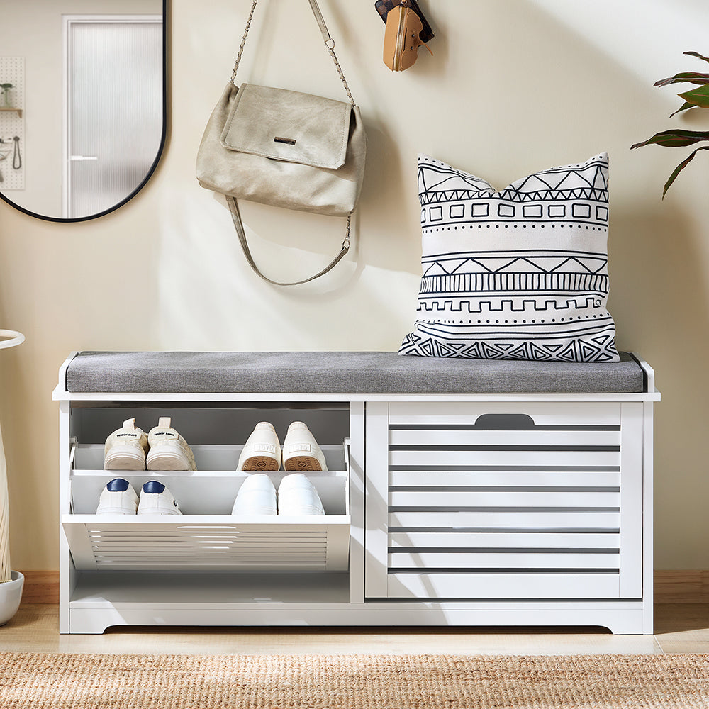SoBuy FSR184-W Banc pentru Pantofi, Organizator de Pantofi, Dulap Pantofi, Mobilier de Intrare, Bancă cu 2 Sertare Rabatabile și 1 Pernă, pentru Intrare, Hol, Dormitor și Living, Alb, L110xD29xH49 cm