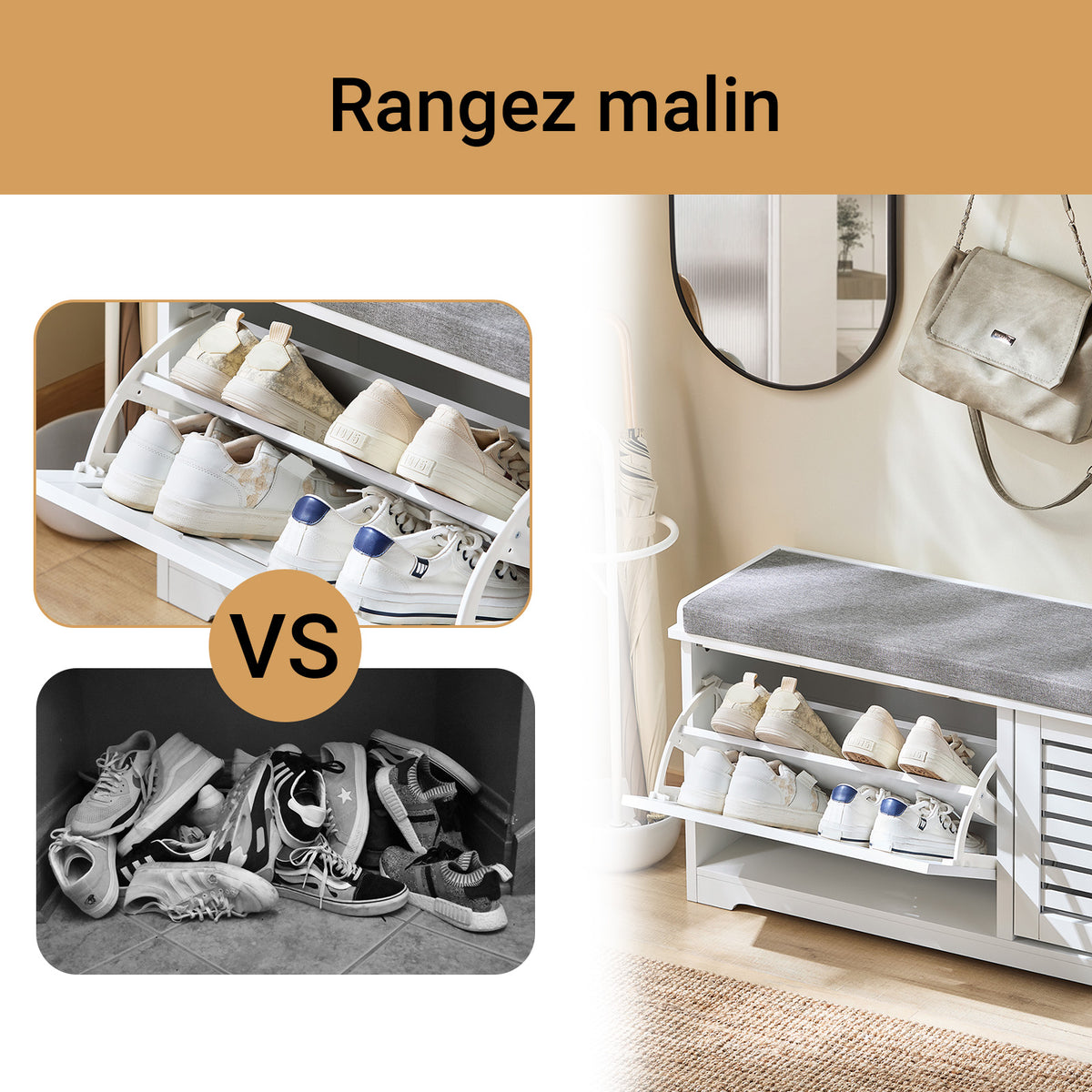 SoBuy FSR184-W Banc pentru Pantofi, Organizator de Pantofi, Dulap Pantofi, Mobilier de Intrare, Bancă cu 2 Sertare Rabatabile și 1 Pernă, pentru Intrare, Hol, Dormitor și Living, Alb, L110xD29xH49 cm