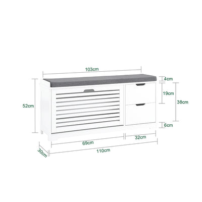 SoBuy FSR185-W Banc de Rangement, Meuble d'Entrée, Commode à Chaussure, Banquette avec Coussin Rembourré 1 Abattant et 2 Tiroir