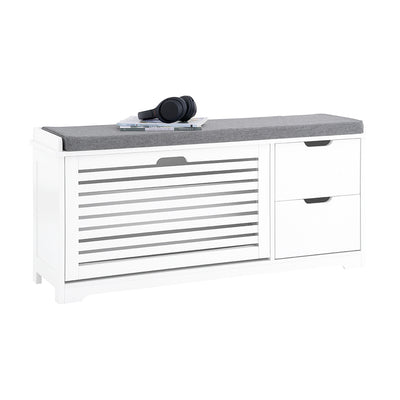 SoBuy FSR185-W Banc de Rangement, Meuble d'Entrée, Commode à Chaussure, Banquette avec Coussin Rembourré 1 Abattant et 2 Tiro