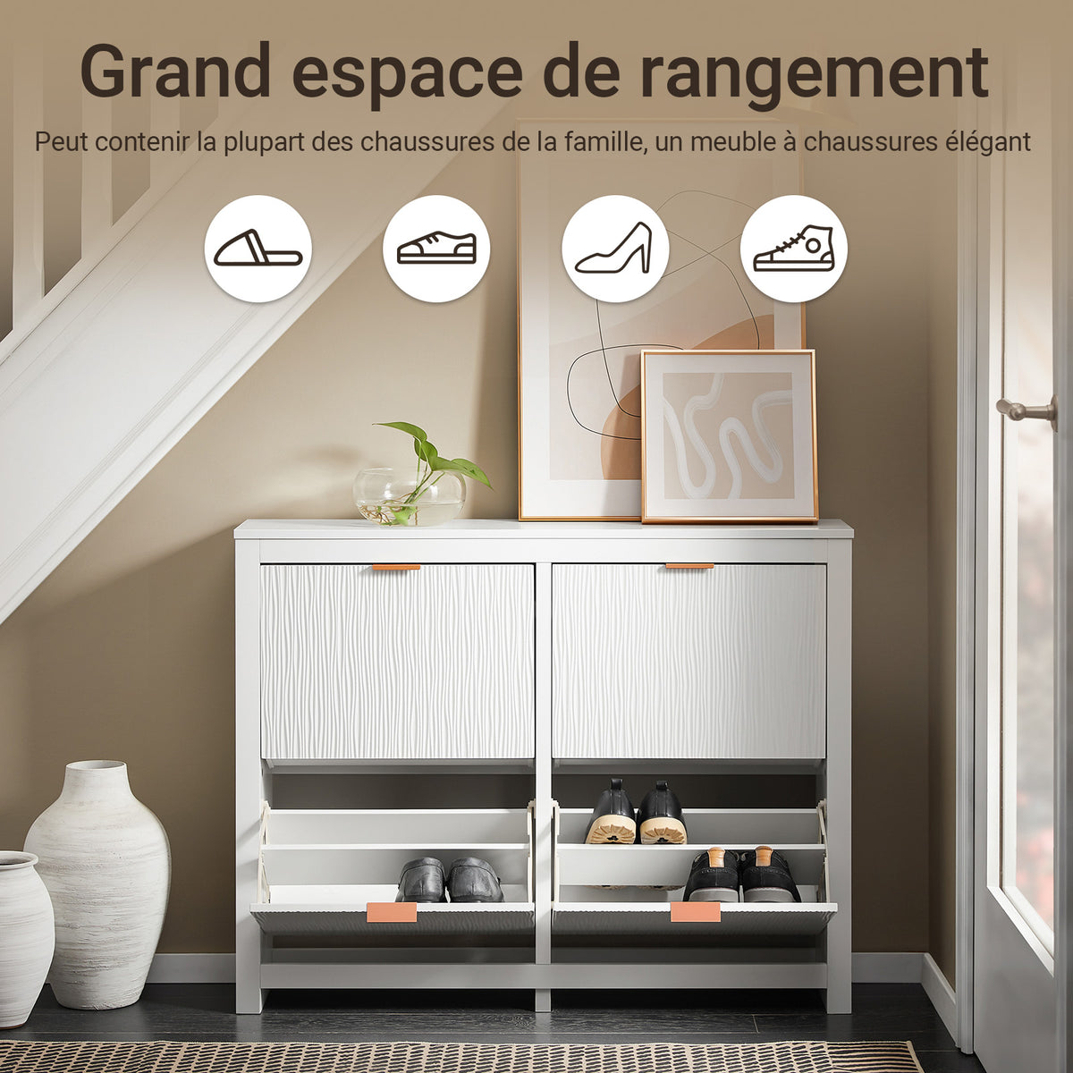SoBuy FSR186-II-W Pantofar cu Uși Rabtabile și 4 Niveluri – Organizare de Familie pentru Intrare – 104x23x82 cm Alb
