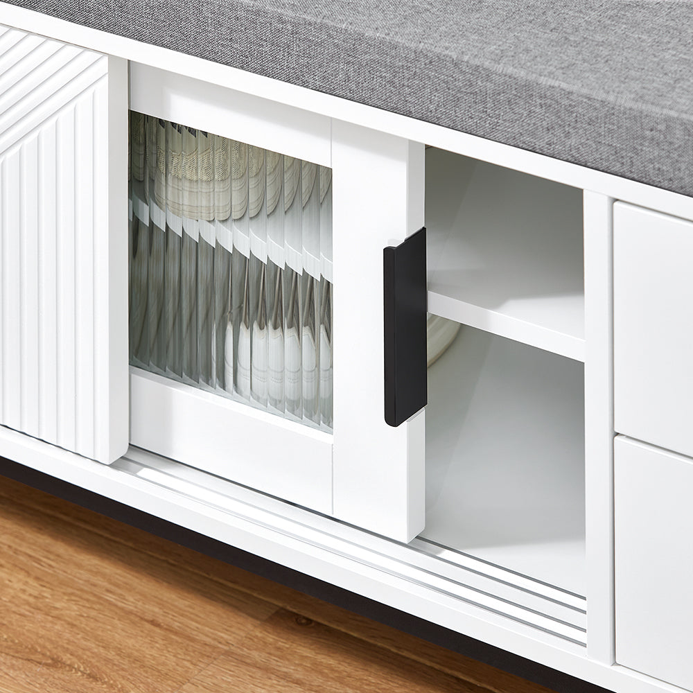SoBuy FSR187-W Banc à Chaussures avec Coussin Rembourré, 2 Portes Coulissantes et 2 Tiroirs, pour Entrée et Couloir, Compact – L110×P35×H51 cm, Métal, Blanc