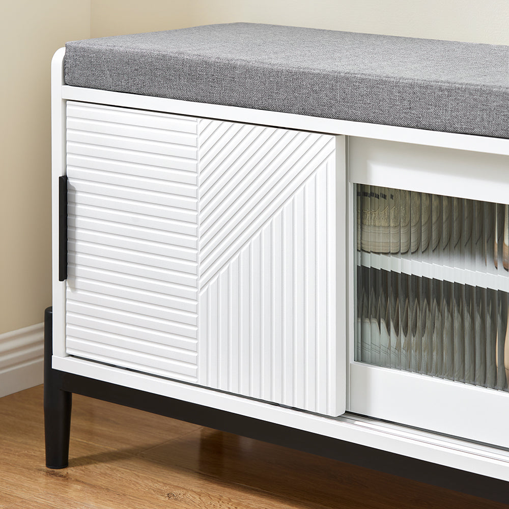 SoBuy FSR187-W Banc à Chaussures avec Coussin Rembourré, 2 Portes Coulissantes et 2 Tiroirs, pour Entrée et Couloir, Compact – L110×P35×H51 cm, Métal, Blanc