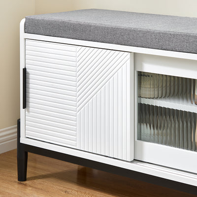SoBuy FSR187-W Banc à Chaussures avec Coussin Rembourré, 2 Portes Coulissantes et 2 Tiroirs, pour Entrée et Couloir, Compact – L110×P35×H51 cm, Métal, Blanc