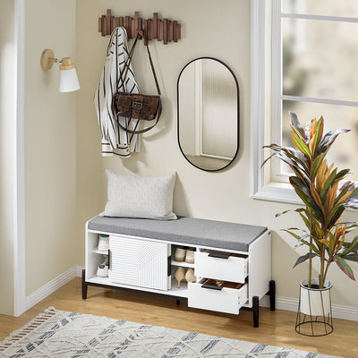 SoBuy FSR187-W Banc à Chaussures avec Coussin Rembourré, 2 Portes Coulissantes et 2 Tiroirs, pour Entrée et Couloir, Compact – L110×P35×H51 cm, Métal, Blanc