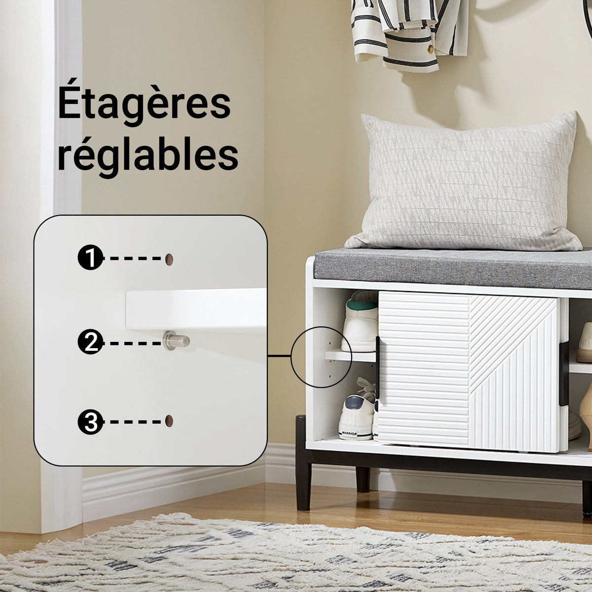 SoBuy FSR187-W Banc à Chaussures avec Coussin Rembourré, 2 Portes Coulissantes et 2 Tiroirs, pour Entrée et Couloir, Compact – L110×P35×H51 cm, Métal, Blanc
