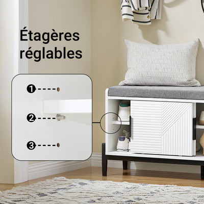 SoBuy FSR187-W Banc à Chaussures avec Coussin Rembourré, 2 Portes Coulissantes et 2 Tiroirs, pour Entrée et Couloir, Compact – L110×P35×H51 cm, Métal, Blanc