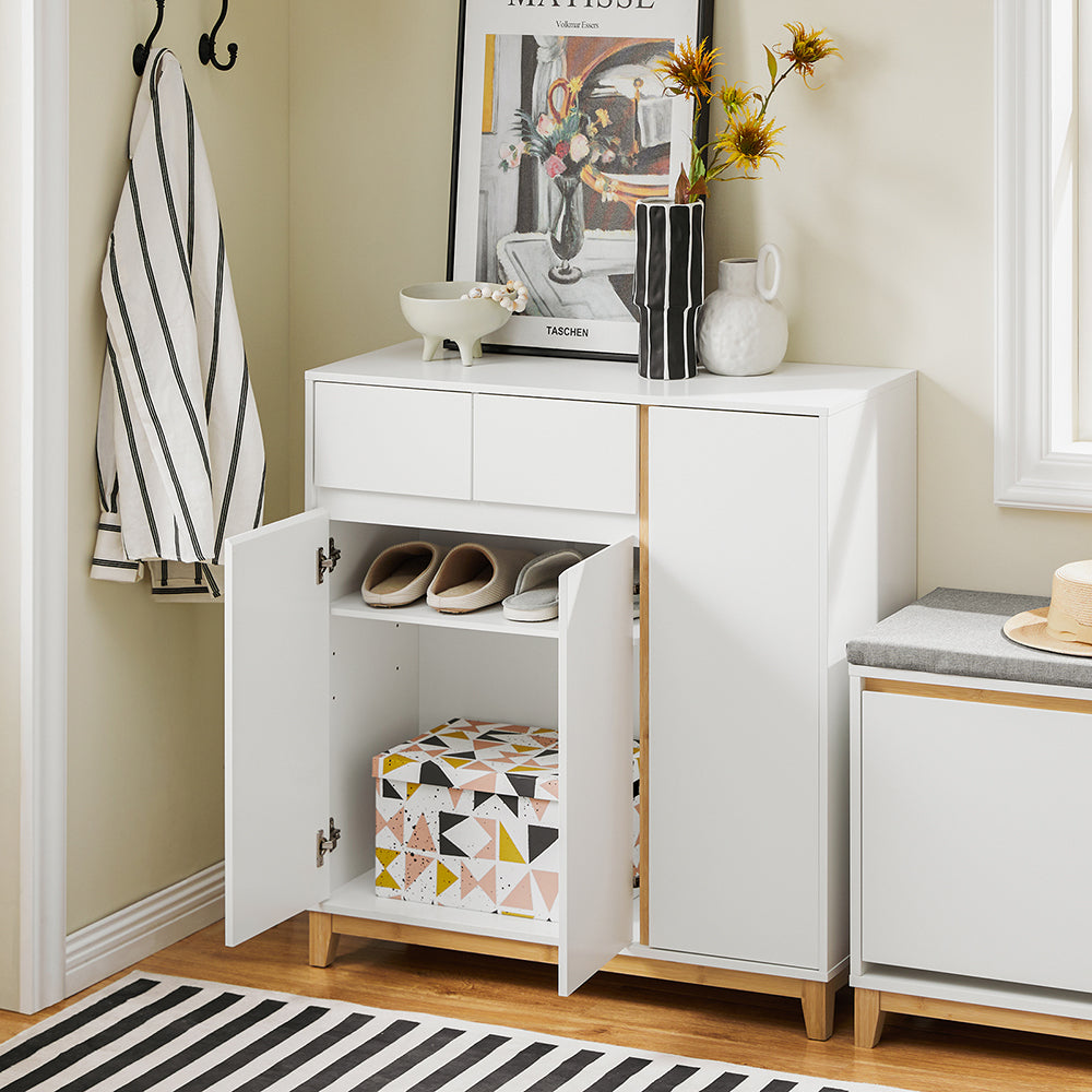 SoBuy FSR190-WN Dulap Pantofar cu 3 Uși și 1 Sertar, Organizator Hol Intrare – 80x34x85 cm, Alb și Natur