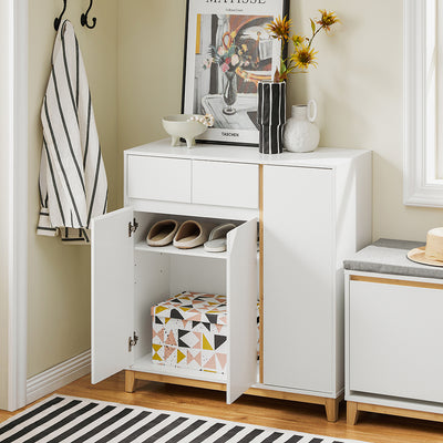 SoBuy FSR190-WN Dulap Pantofar cu 3 Uși și 1 Sertar, Organizator Hol Intrare – 80x34x85 cm, Alb și Natur