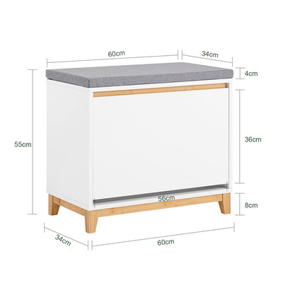 SoBuy FSR191-WN Banc pentru Pantofi cu Pernă Căptușită și 1 Compartiment cu Ușă cu Rabată pentru Hol de Intrare – 60x34x55 cm, Alb și Natur