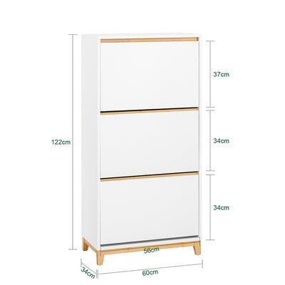 SoBuy FSR192-WN Dulap de pantofi cu 3 sertare rabatabile, depozitare pentru hol – 60x34x122 cm, alb și natural