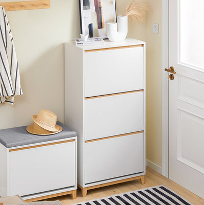 SoBuy FSR192-WN Dulap de pantofi cu 3 sertare rabatabile, depozitare pentru hol – 60x34x122 cm, alb și natural