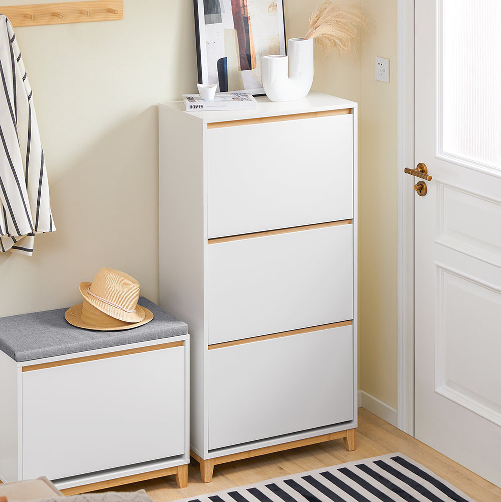 SoBuy FSR192-WN Armoire à Chaussures 3 Abattants, Rangement pour Entrée Couloir – 60x34x122 cm, Blanc et Naturel