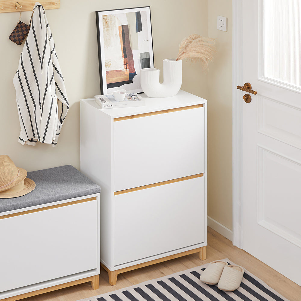 SoBuy FSR193-WN Dulap de pantofi cu 2 niveluri, cu uși rabatabile – Soluție de depozitare pentru familie, pentru hol – 60x34x91 cm Alb și Lemn