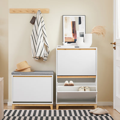 SoBuy FSR193-WN Meuble à Chaussures à Abattants 2 Niveaux – Rangement Familial pour Entrée – 60x34x91 cm Blanc et Bois