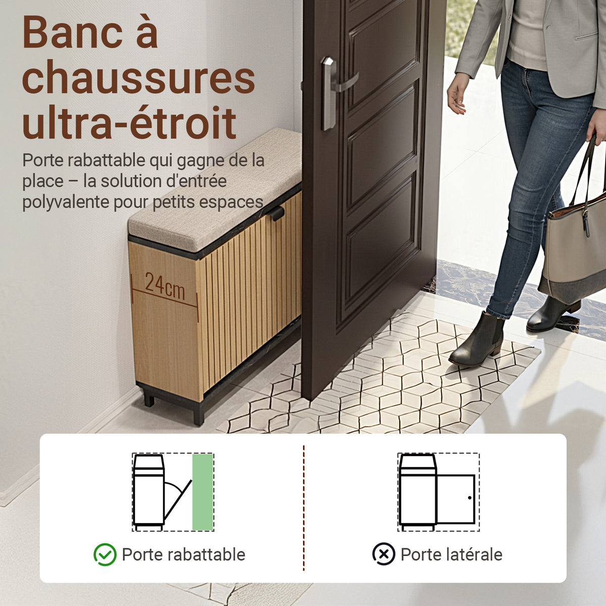 SoBuy FSR201-N Banc pentru Pantofi cu Șezut Căptușit și Rabatabil, Slim 24cm pentru Intrare – 60x24x50 cm, Negru și Natur