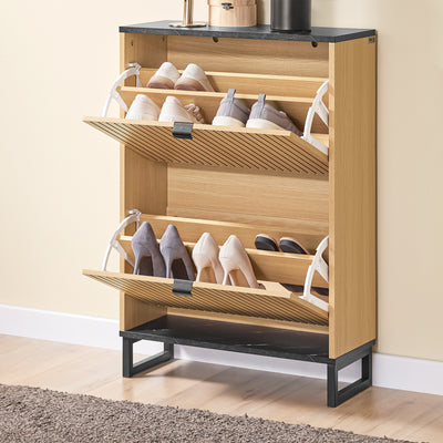 SoBuy FSR202-N Dulap de Pantofi Slim 60cm, 2 Uși Batante 8-12 Perechi, Picioare Metalice, Fixare pe Perete – Natur și Negru