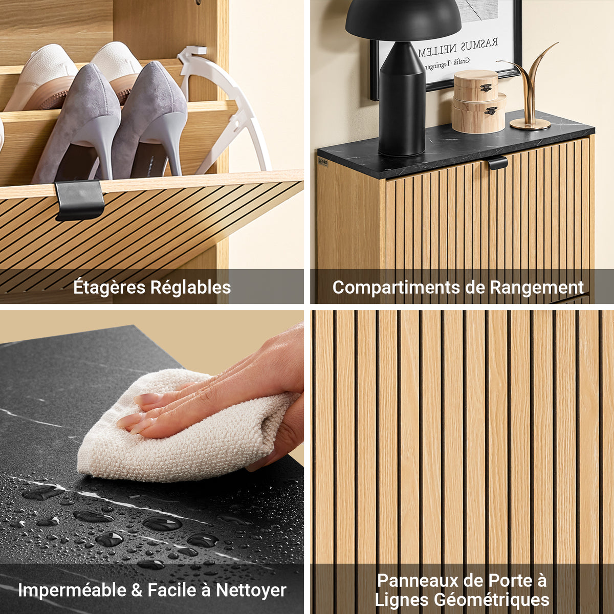 SoBuy FSR202-N Dulap de Pantofi Slim 60cm, 2 Uși Batante 8-12 Perechi, Picioare Metalice, Fixare pe Perete – Natur și Negru