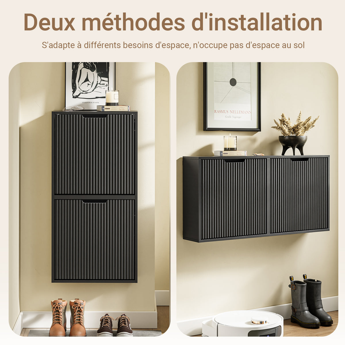 SoBuy FSR204-SCH Meuble à Chaussures Mural 19 cm avec 2 Portes Abattantes et 2 Étagères – Installation Horizontale ou Verticale, Noir, 50×19×100 cm