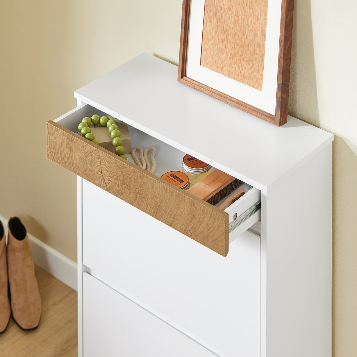 SoBuy FSR205-WN Pantofar Salvează Spațiu – Hol Îngust – 61x26x91 cm Alb și Natur