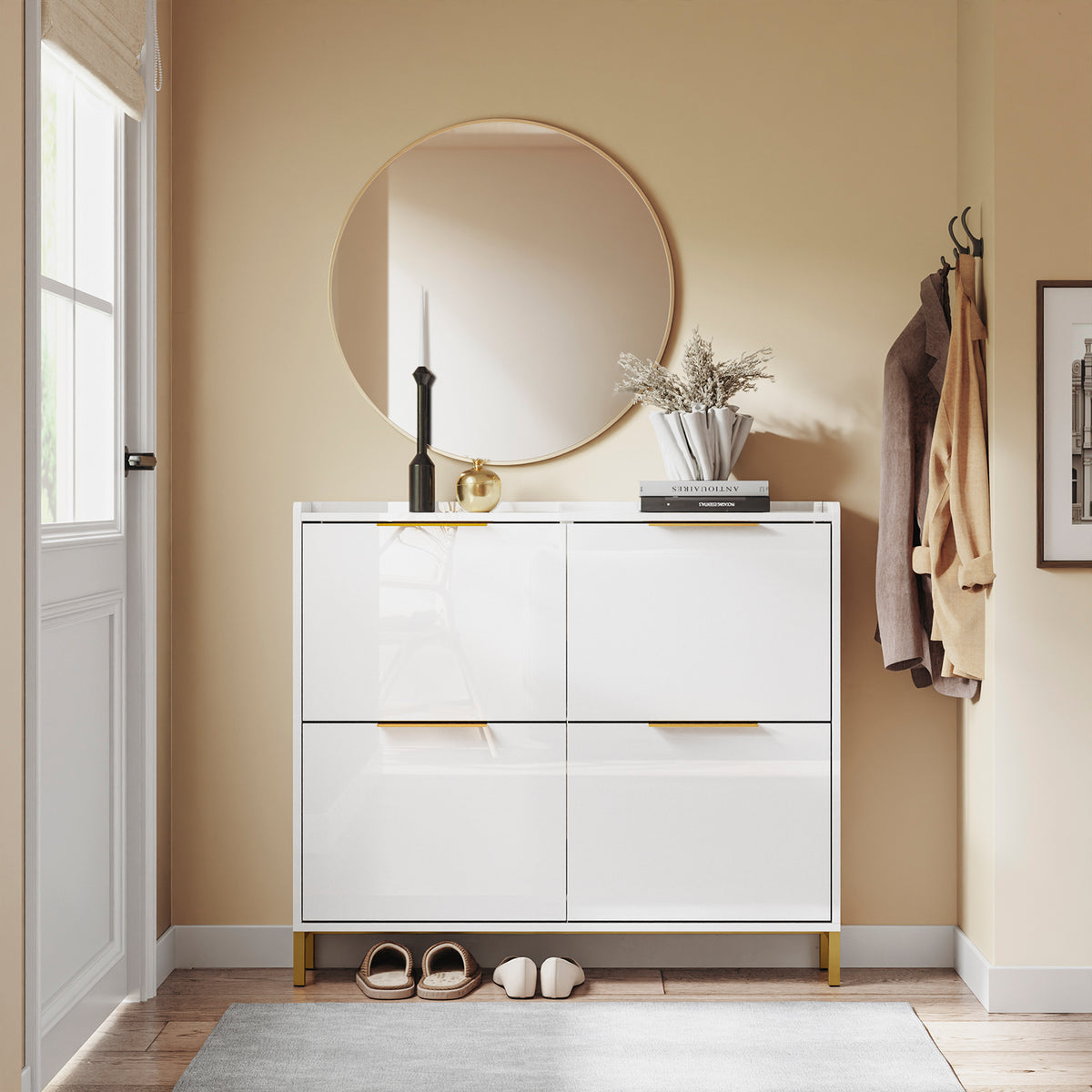 SoBuy FSR206-GW Armoire à Chaussures Ultra-Slim 19 cm pour 16-20 Paires, Finition Blanc Brillant et Or – Anti-Basculement, MDF E1, 100x19x90 cm