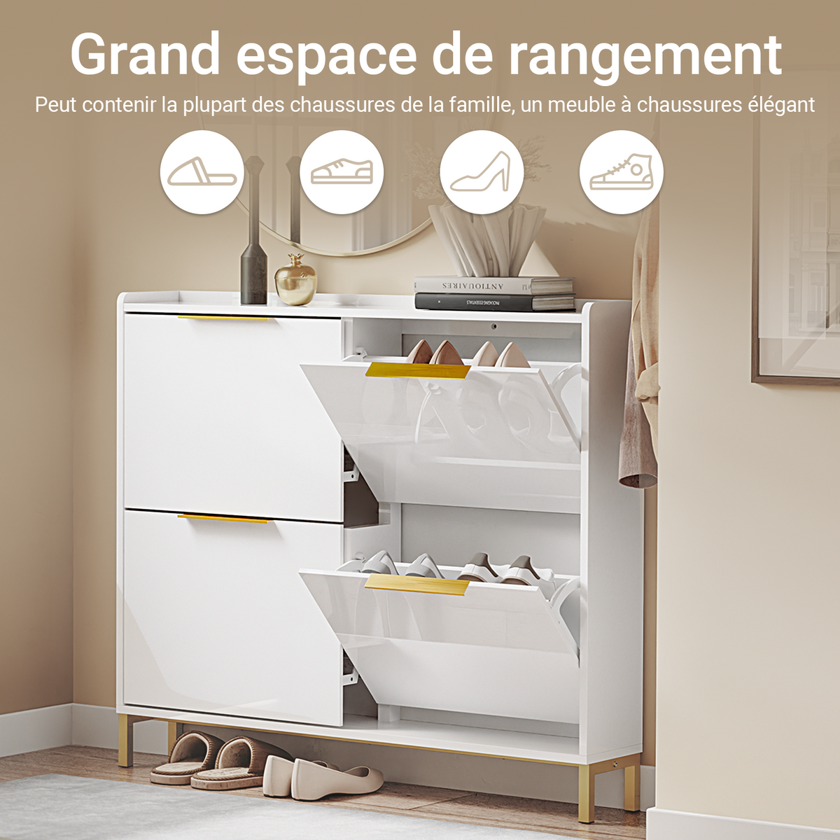 SoBuy FSR206-GW Pantofar Ultra-Slim 19cm – Intrare Îngustă – 100x19x90 cm Alb și Auriu