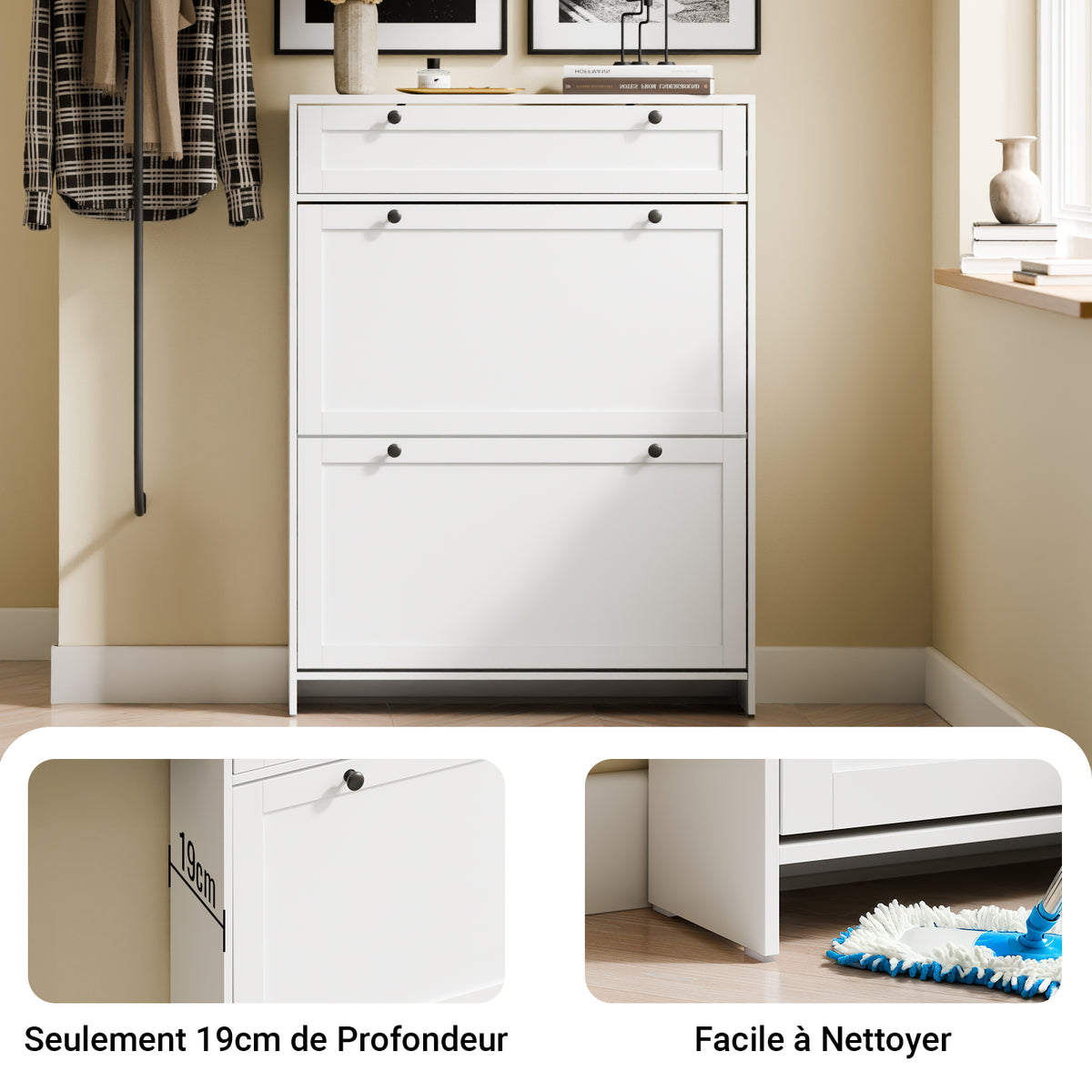 SoBuy FSR207-W Dulap de pantofi ultra-subțire, salveză spațiu, 19 cm – Intrare îngustă – 80x19x107 cm Alb
