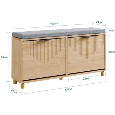 SoBuy FSR211-N Banc pentru Pantofi cu Șezut Căptușit din In, 3 Compartimente Rabataile Slim 24cm, 8 Perechi Mărimea 47, Capacitate de Încărcare 237 kg pentru Hol – 100x24x50 cm, Natural
