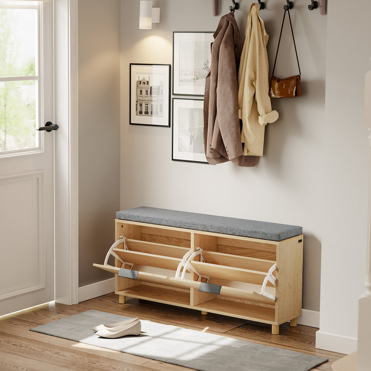 SoBuy FSR211-N Banc pentru Pantofi cu Șezut Căptușit din In, 3 Compartimente Rabataile Slim 24cm, 8 Perechi Mărimea 47, Capacitate de Încărcare 237 kg pentru Hol – 100x24x50 cm, Natural