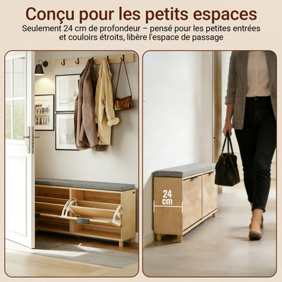 SoBuy FSR211-N Banc pentru Pantofi cu Șezut Căptușit din In, 3 Compartimente Rabataile Slim 24cm, 8 Perechi Mărimea 47, Capacitate de Încărcare 237 kg pentru Hol – 100x24x50 cm, Natural