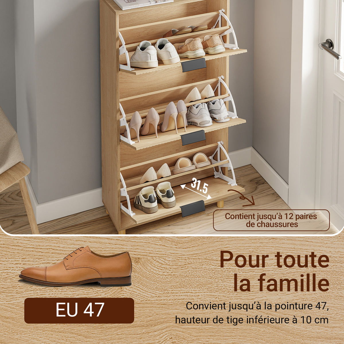 SoBuy FSR213-N Dulap de Pantofi Salvează Spațiu – Hol Îngust – 60x24x120 cm Natural