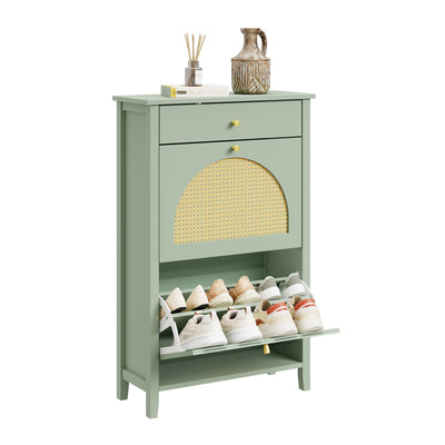 SoBuy FSR223-GR Armoire à Chaussures Cannage 2 Abattants et 1 Tiroir – 12 Paires, Meuble d'Entrée – 62×25×97 cm, Vert