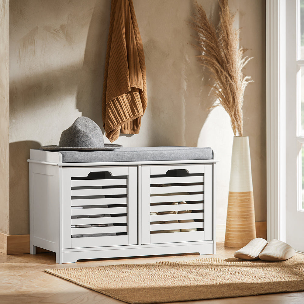 SoBuy FSR23-K-W Banc pentru Pantofi cu Pernă Căptușită și 2 Compartimente de Depozitare pentru Hol – 71x34x43 cm, Alb