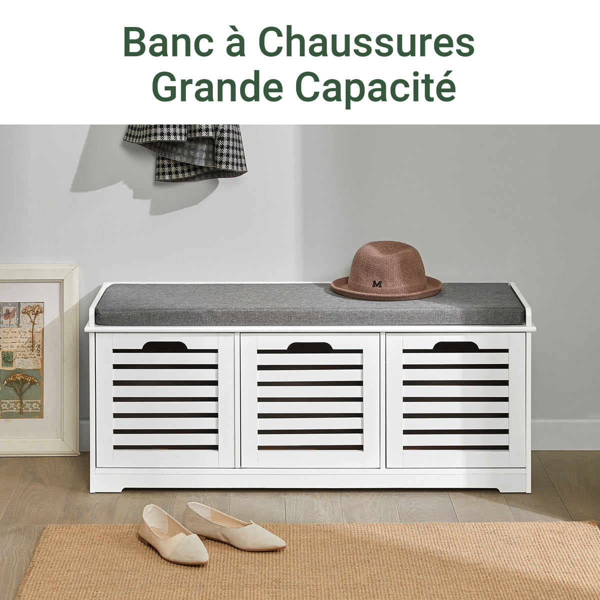Precomandă SoBuy FSR23-W Banc pentru Pantofi cu Pernă Căptușită și 3 Coșuri de Depozitare pentru Hol – 105x35x43 cm, Alb