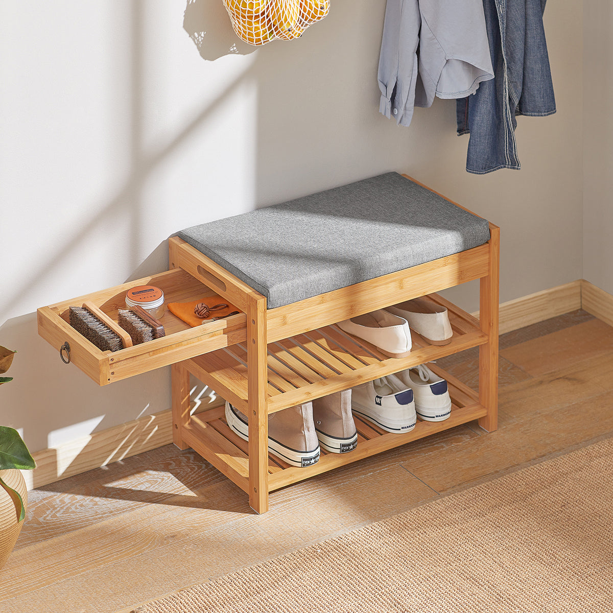 SoBuy FSR49-N Banc pentru Pantofi cu Raft și Sertare Laterale pentru Hol Intrare – 55x30x46 cm, Natur