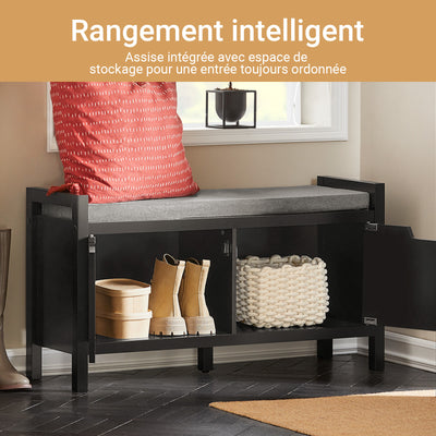 SoBuy FSR63-II-SCH Banc pentru pantofi cu pernă căptușită și 2 uși, Mobilier pentru hol – 91x30x50 cm, Negru