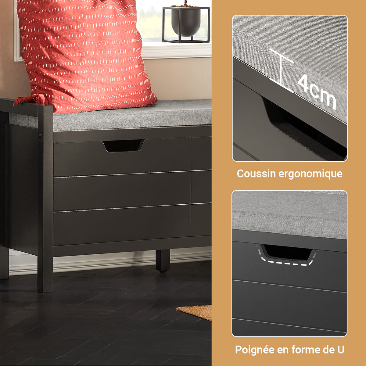 SoBuy FSR63-II-SCH Banc pentru pantofi cu pernă căptușită și 2 uși, Mobilier pentru hol – 91x30x50 cm, Negru