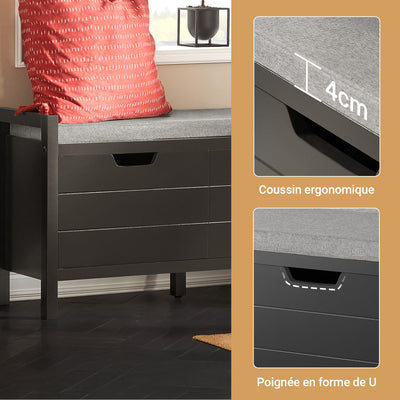 SoBuy FSR63-II-SCH Banc pentru pantofi cu pernă căptușită și 2 uși, Mobilier pentru hol – 91x30x50 cm, Negru