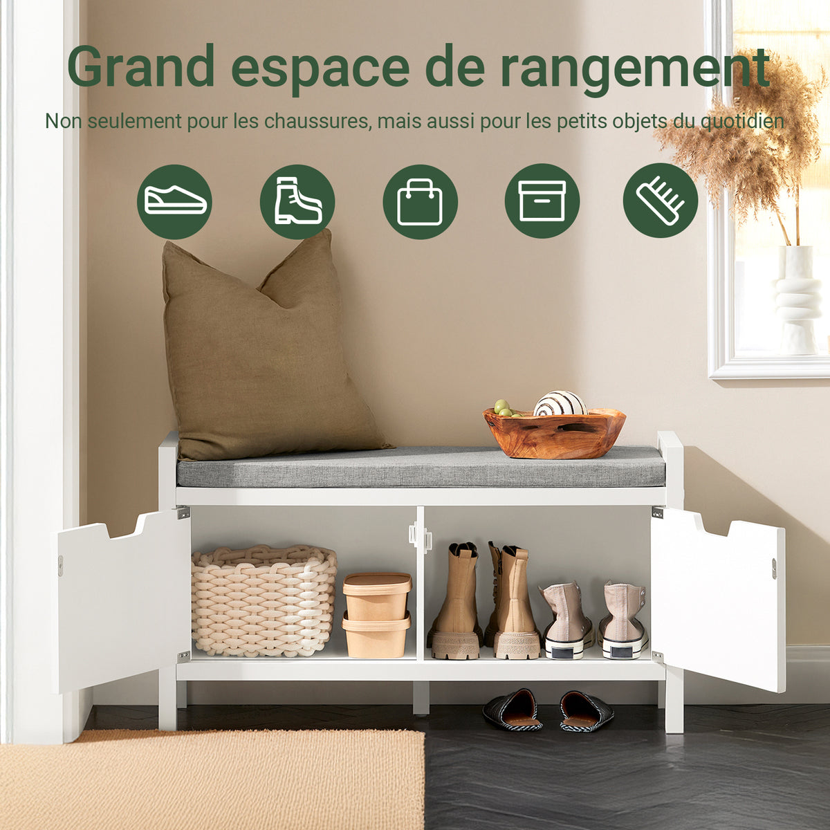 SoBuy FSR63-II-W Banc de Pantofi cu Pernă Căptușită și 2 Uși, Mobilier de Hol – 91x30x50 cm, Alb