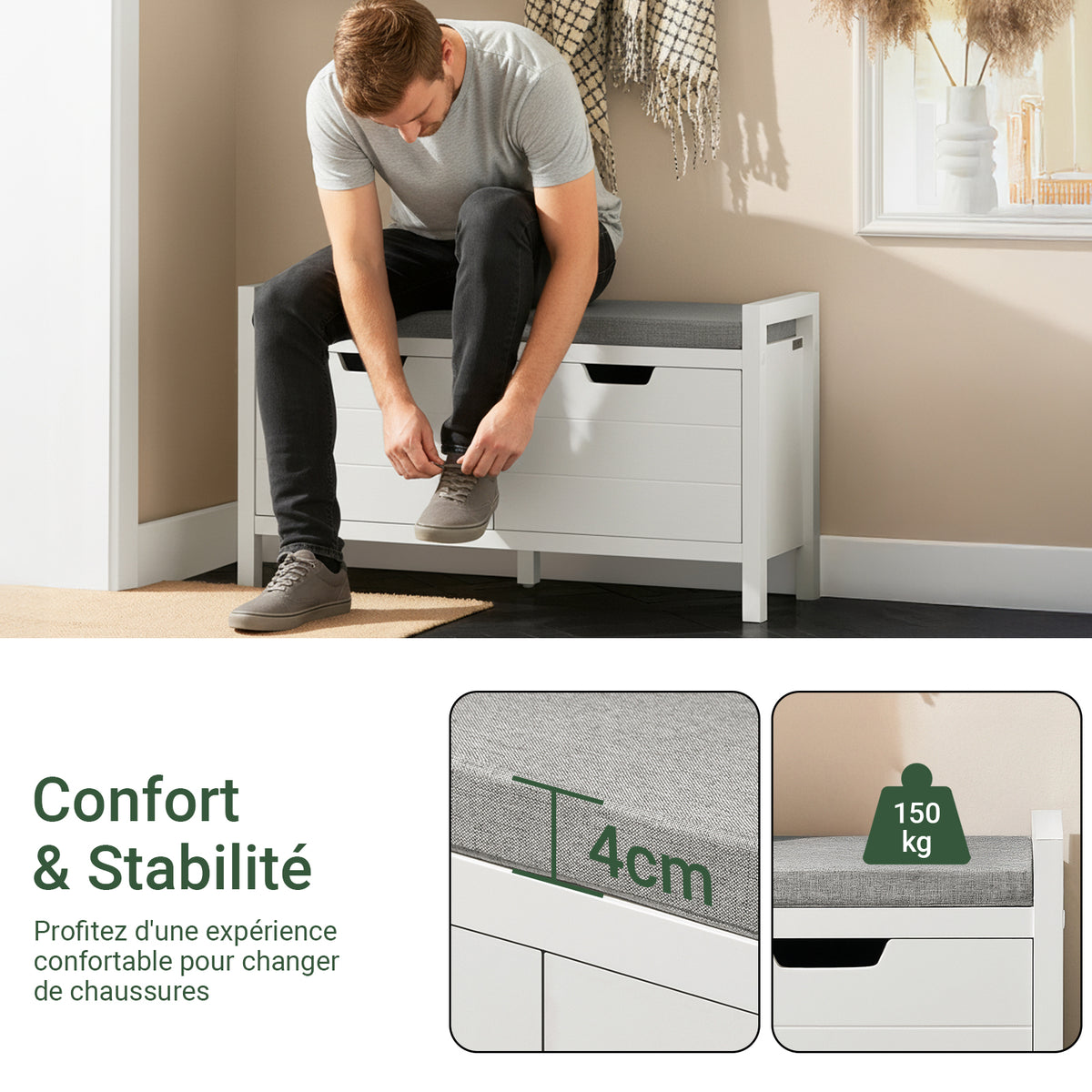 SoBuy FSR63-II-W Banc de Pantofi cu Pernă Căptușită și 2 Uși, Mobilier de Hol – 91x30x50 cm, Alb